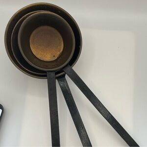 Set of 3 Antique Brass Copper Fireplace Pots with Long Iron Handle Dipper Scoop